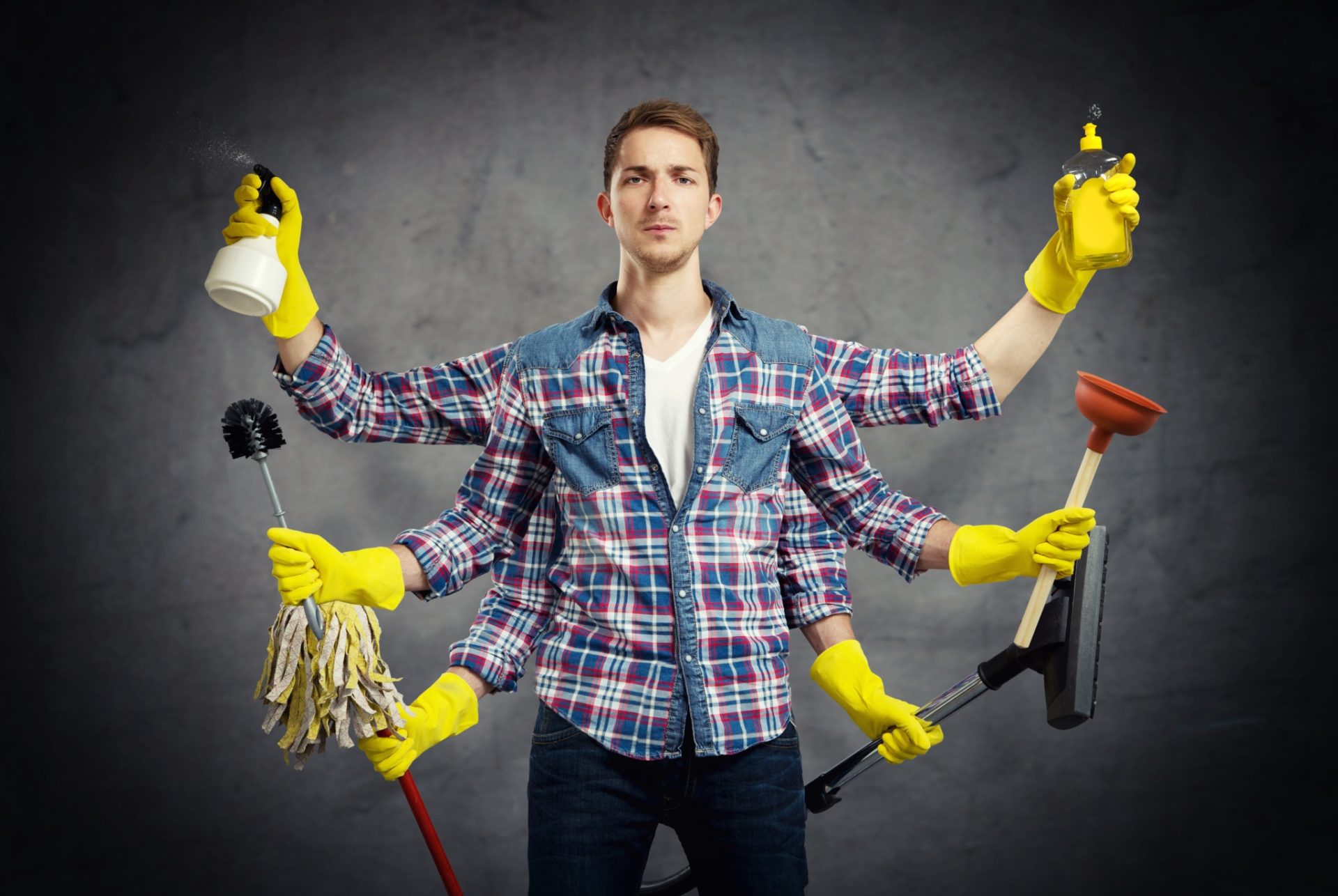 Multi-Armed Man Cleaning. 